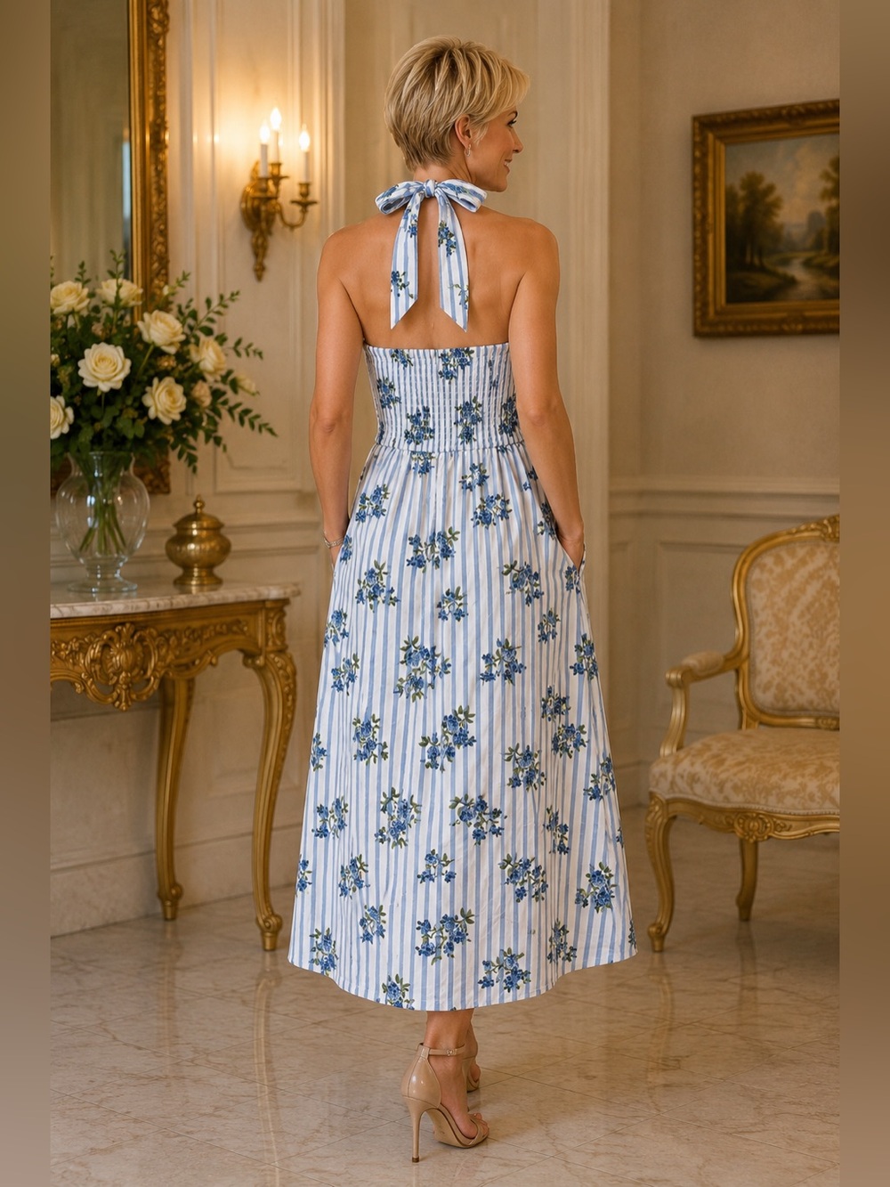 Laura Ashley Blue and White Floral Halter Midi Dress - Picture 3 of 6